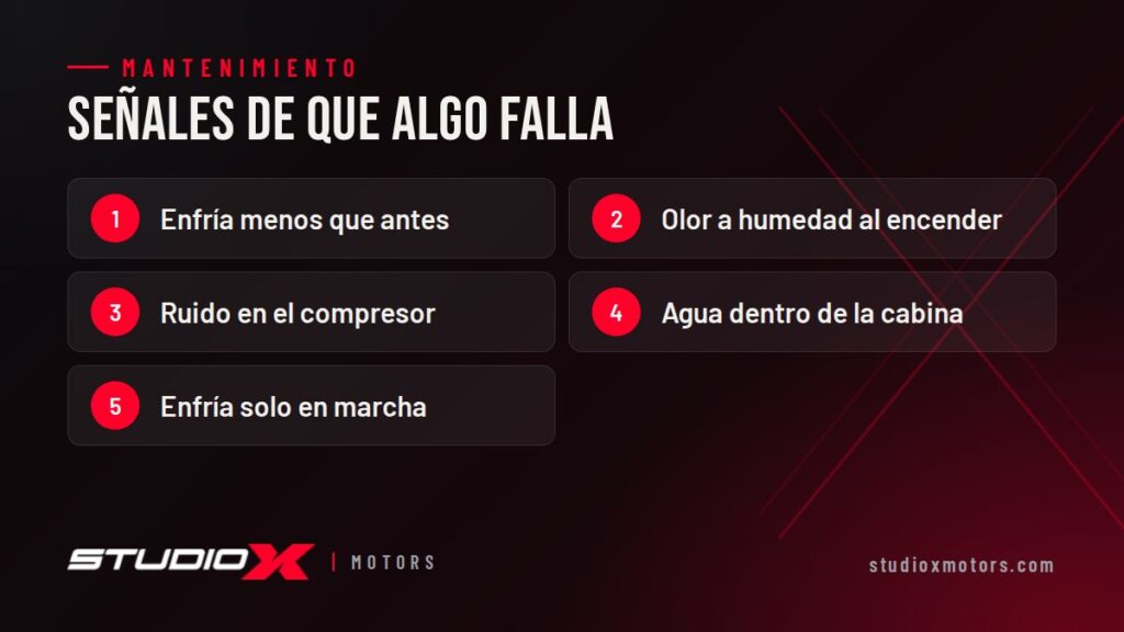 Señales de que algo falla: Enfría menos que antes, Olor a humedad al encender, Ruido en el compresor, Agua dentro de la cabina, Enfría solo en marcha