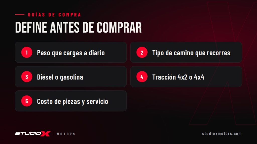Define antes de comprar: Peso que cargas a diario, Tipo de camino que recorres, Diésel o gasolina, Tracción 4x2 o 4x4, Costo de piezas y servicio