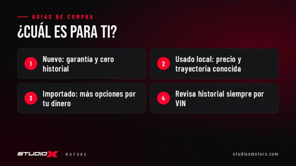 ¿Cuál es para ti?: Nuevo: garantía y cero historial, Usado local: precio y trayectoria conocida, Importado: más opciones por tu dinero, Revisa historial siempre por VIN