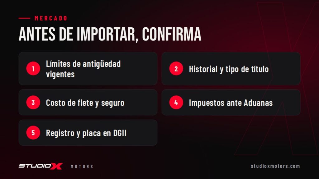 Antes de importar, confirma: Límites de antigüedad vigentes, Historial y tipo de título, Costo de flete y seguro, Impuestos ante Aduanas, Registro y placa en DGII