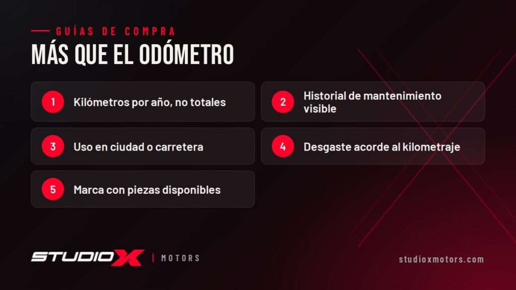 Más que el odómetro: Kilómetros por año, no totales, Historial de mantenimiento visible, Uso en ciudad o carretera, Desgaste acorde al kilometraje, Marca con piezas disponibles