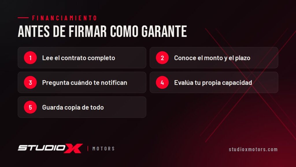 Antes de firmar como garante: Lee el contrato completo, Conoce el monto y el plazo, Pregunta cuándo te notifican, Evalúa tu propia capacidad, Guarda copia de todo