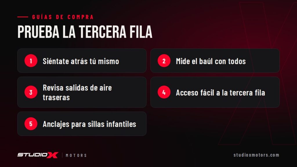 Prueba la tercera fila: Siéntate atrás tú mismo, Mide el baúl con todos, Revisa salidas de aire traseras, Acceso fácil a la tercera fila, Anclajes para sillas infantiles