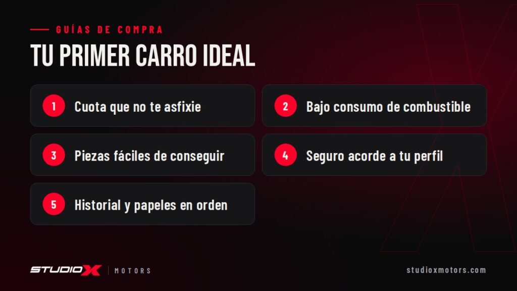 Tu primer carro ideal: Cuota que no te asfixie, Bajo consumo de combustible, Piezas fáciles de conseguir, Seguro acorde a tu perfil, Historial y papeles en orden