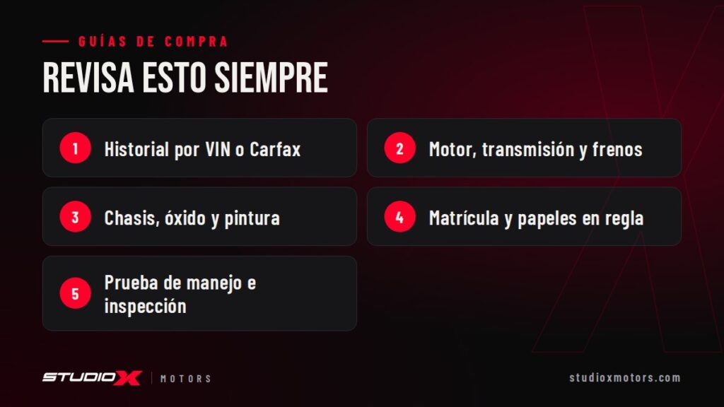 Revisa esto siempre: Historial por VIN o Carfax, Motor, transmisión y frenos, Chasis, óxido y pintura, Matrícula y papeles en regla, Prueba de manejo e inspección