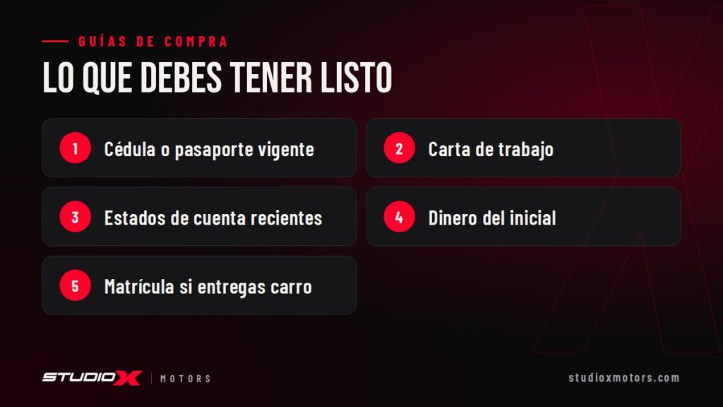 Lo que debes tener listo: Cédula o pasaporte vigente, Carta de trabajo, Estados de cuenta recientes, Dinero del inicial, Matrícula si entregas carro